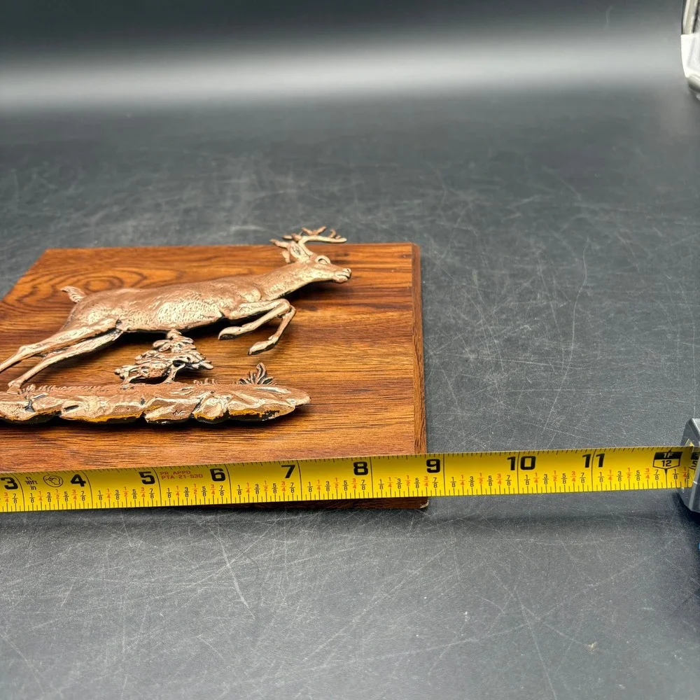Vtg Set of 2 A&F Canada 3D Leaping Buck Deer Plaques Copper Tone Wood 1330LB